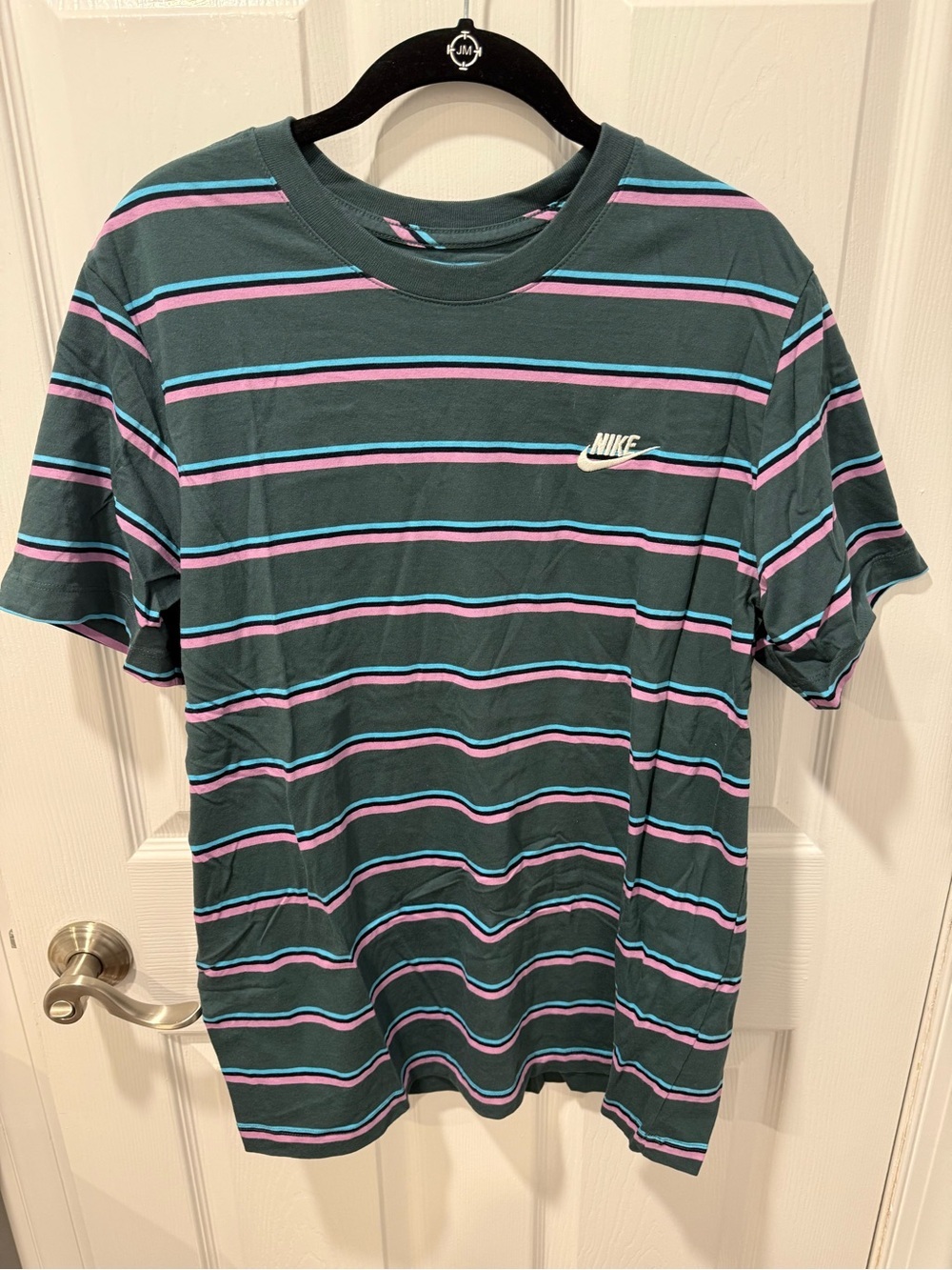 Nike Men’s Green Striped Short-Sleeve Tee with Pink & Light Blue Accents